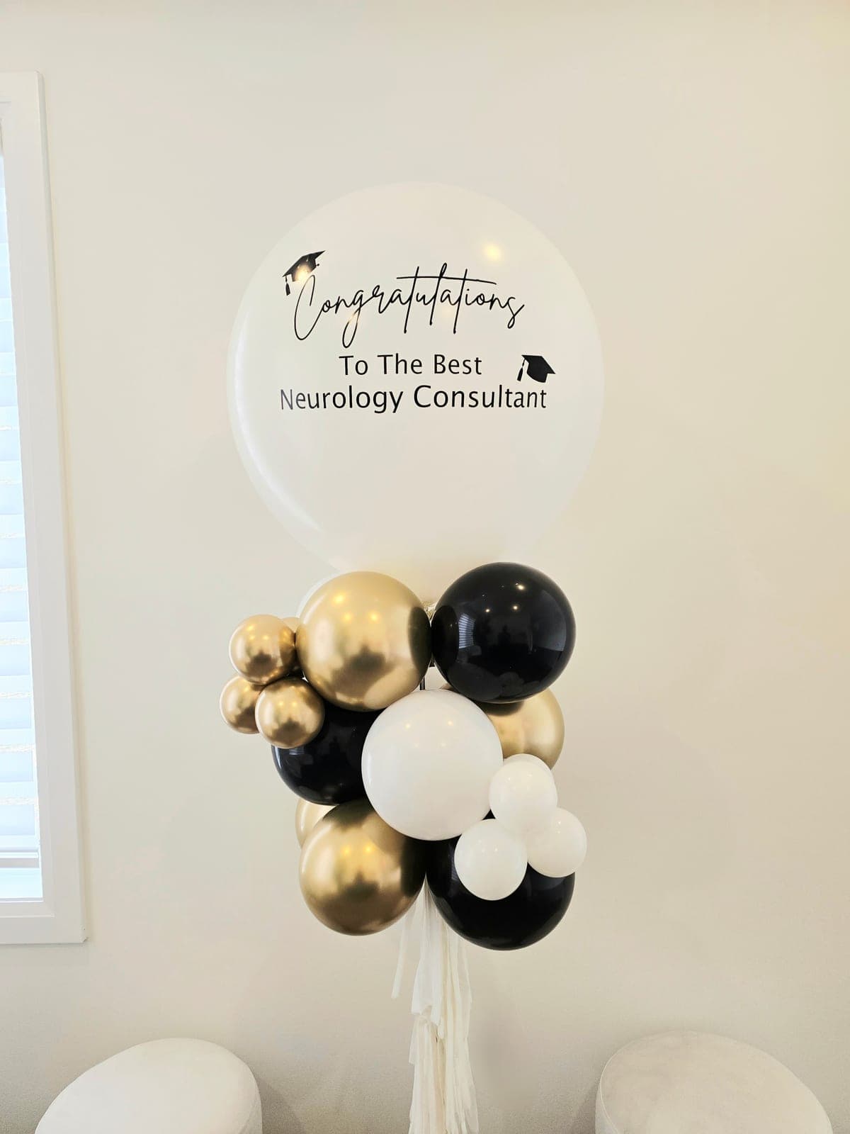 Custom Printed Balloon, White, congratulations, black and gold base