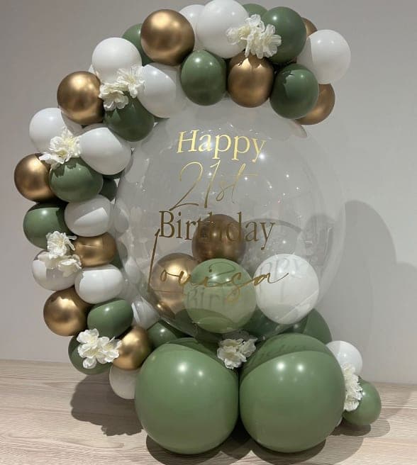 Custom Printed Balloon, Clear, in a sage and gold ring
