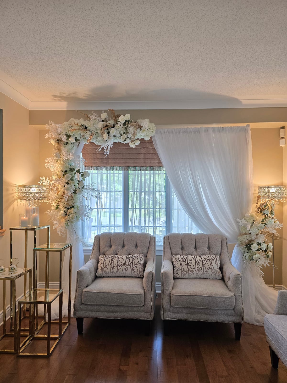 Floral Arch With Sheer Drape