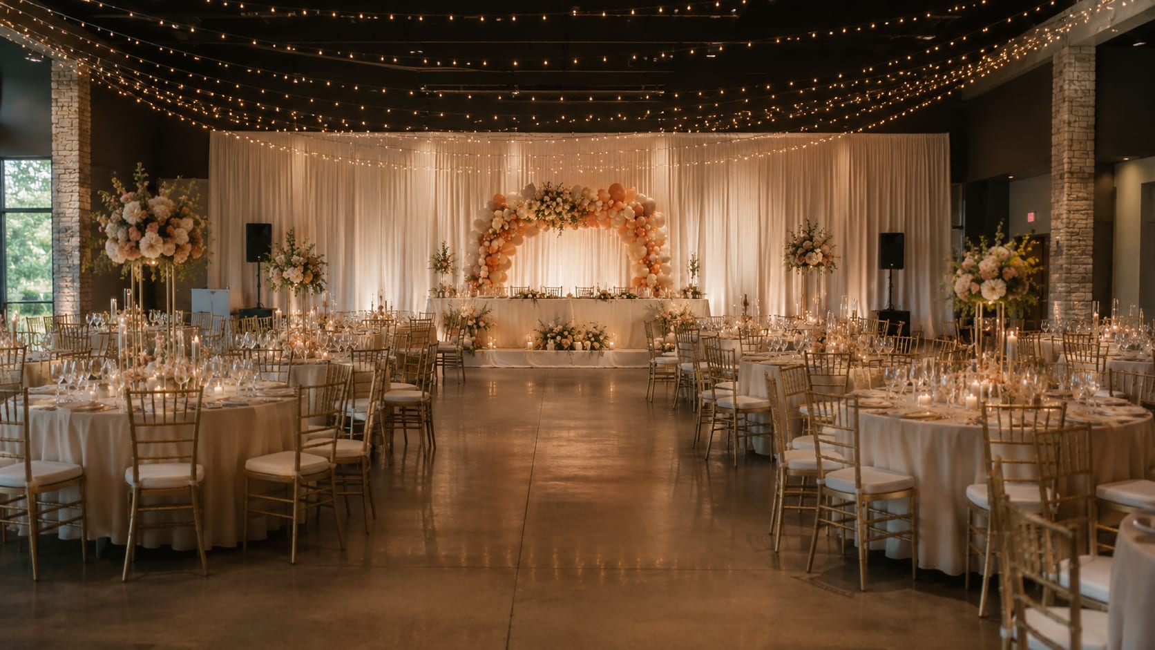 A celebration hall styled by Sparkle Events: balloon and floral arches, candlelit tables, and warm lighting